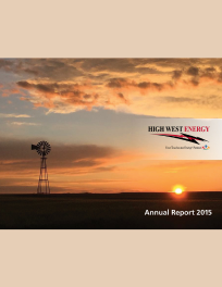 The cover of the 2015 High West Energy annual report features a windmill silhouetted against a dramatic sunset with the company logo and "Annual Report 2015" text.