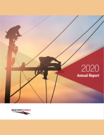 Silhouetted workers on utility poles with power lines against a sunset sky, with text "2020 Annual Report" and a company logo.