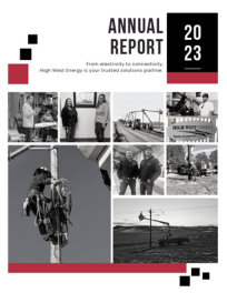 Cover of the 2022-2023 annual report for High West Energy, featuring a collage of photos depicting employees, infrastructure, and company operations.