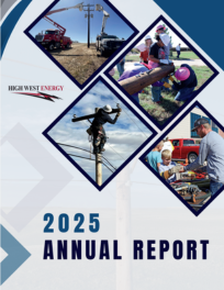 The cover of the 2025 Annual Report for High West Energy, featuring a collage of images showing utility workers and community members. The images depict utility work, power line maintenance, and community engagement activities. The company logo and report title are prominently displayed.