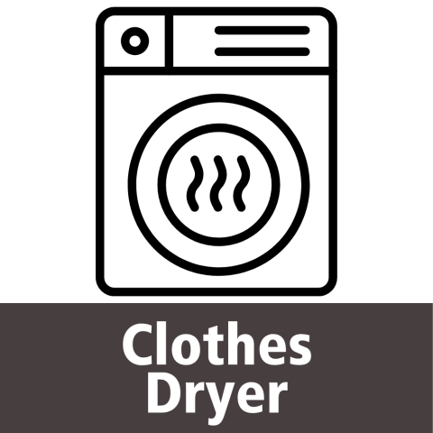 Icon of a clothes dryer with wavy lines indicating heat inside the drum. At the bottom, white text on a black background "Clothes Dryer".