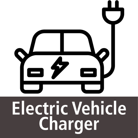 An icon representing an electric car with a charging plug inserted into it. The car has a lightning bolt symbol on its front. At the bottom, white text on a black background "Electric Vehicle Charger".