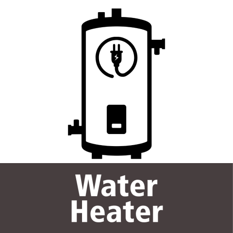 A black and white illustration of a water heater with pipes and a control panel. At the bottom, white text on a black background "Water Heater".
