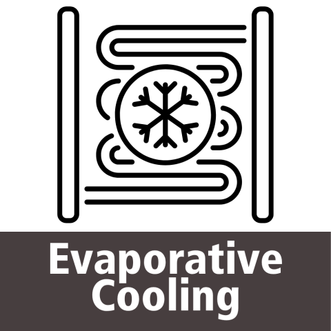 A black and white icon depicting a snowflake inside a circle, surrounded by wavy lines, suggesting cold air or a cooling system. At the bottom, white text on a black background "Evaporative Cooling".