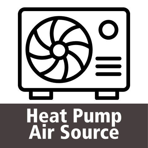 An icon representing an electric heat pump. At the bottom, white text on a black background "Heat Pump Air Source".