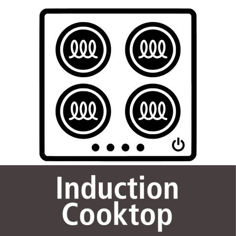 A black and white icon of a four-burner electric stovetop with induction element symbols and a power button. At the bottom, white text on a black background "Induction Cooktop".