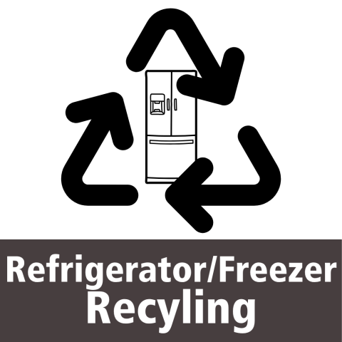 A black recycling symbol with three chasing arrows with a black and white line drawing of a french door refrigerator with a water dispenser on the left door in the background. At the bottom, white text on a black background "Refrigerator/Freezer Reqcycling".