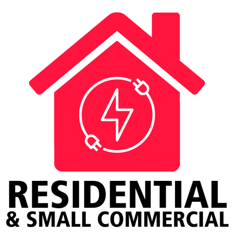 Red icon of a house with a circular energy symbol and plug representing residential energy efficiency. Text below "Residential & Small Commercial"