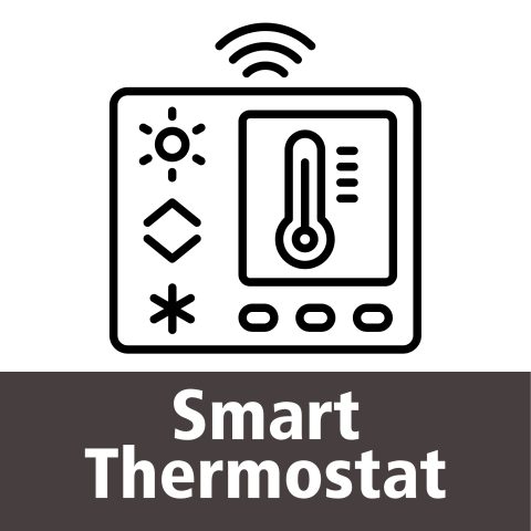 A digital thermostat icon with a thermometer displaying temperature, sun and snowflake symbols, up and down arrows, and Wi-Fi signal indicators. At the bottom, white text on a black background "Smart Thermostat".