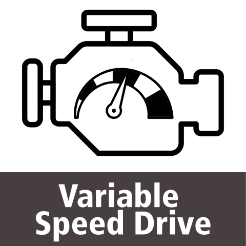 A black and white outline icon of an engine with an icon of a speedometer with the needle pointing to a moderate speed. At the bottom, white text on a black background "Variable Speed Drive".