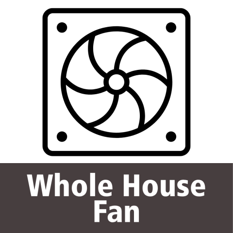 A black and white icon of a computer fan with five curved blades within a square border.  At the bottom, white text on a black background "Whole House Fan".