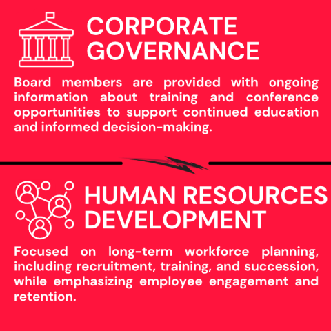 Infographic on a red background detailing Corporate Governance and Human Resources Development with icons for board oversight and workforce networking.